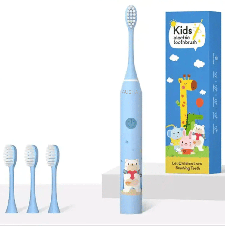 AUSHA Kids Sonic Electric Toothbrush Blue Bear, 5 Modes, 2-Min Timer, USB, IPX7, 4 Soft DuPont Heads