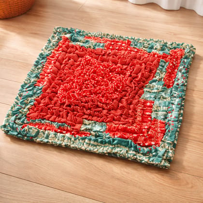 Handcrafted Red, Teal & Beige Square Rag Rug - Textured Fabric Doormat & Accent Mat