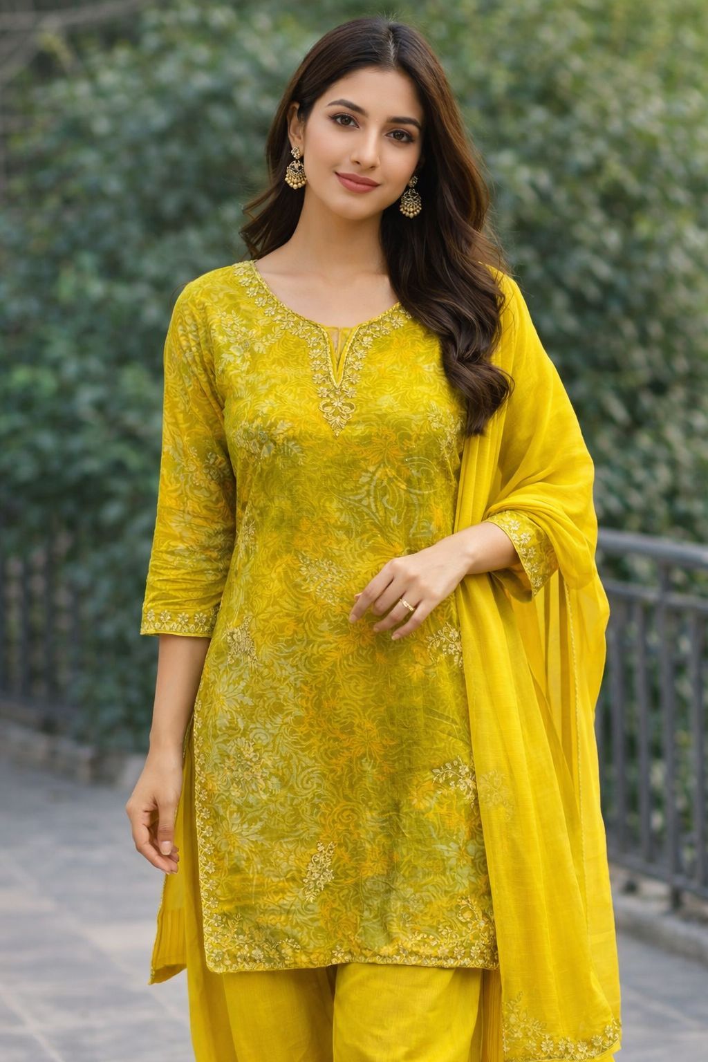 Lime Green Printed Cotton Embroidered Kurta with Pants & Dupatta Set