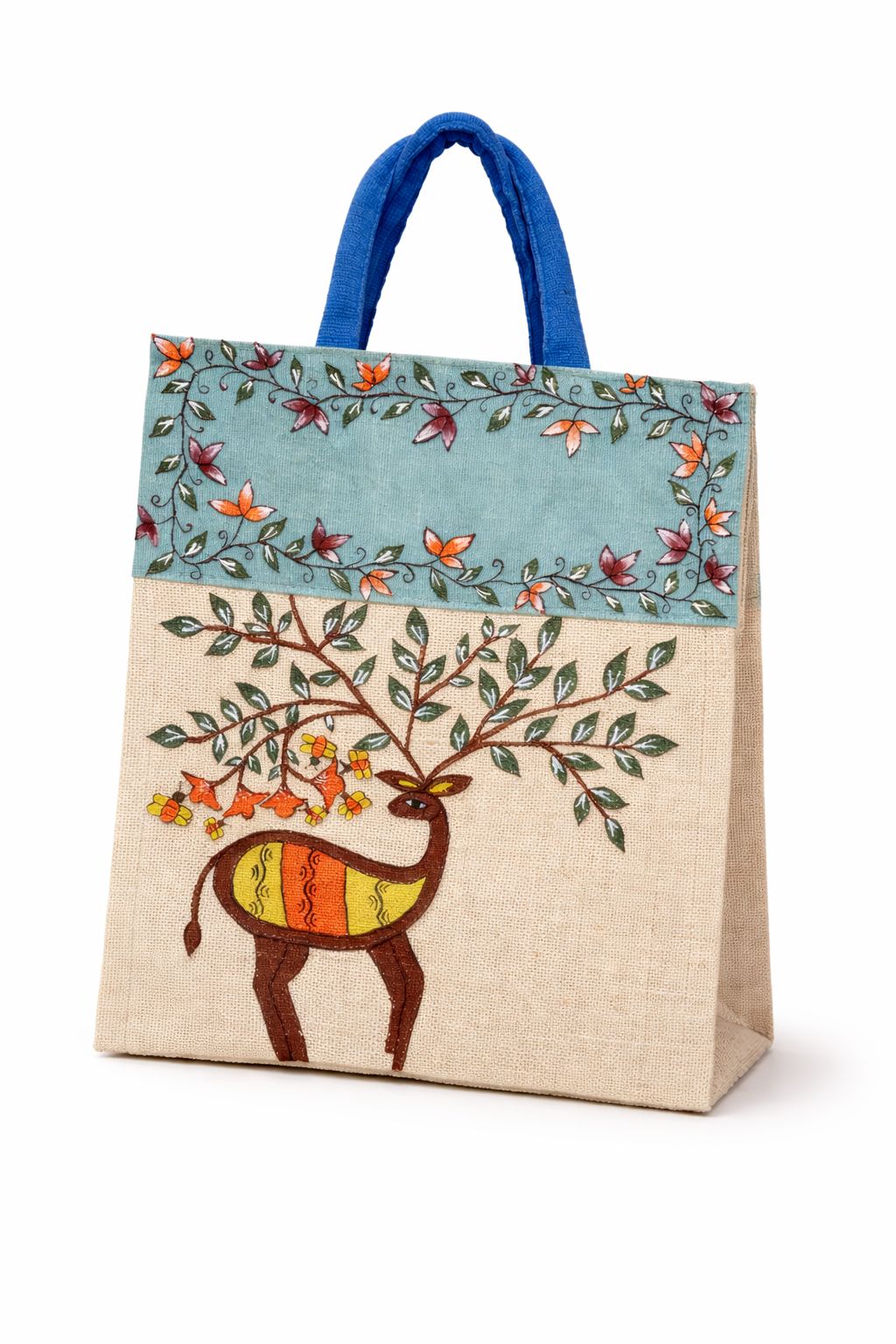 Hand-Painted Jute Tote Bag with Deer and Floral Design