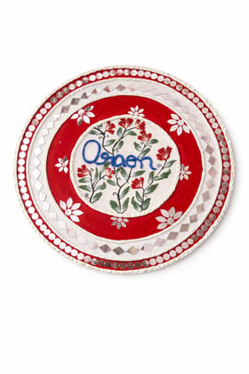 Handcrafted Red & White Decorative Plate with Mirror Work and Floral Design