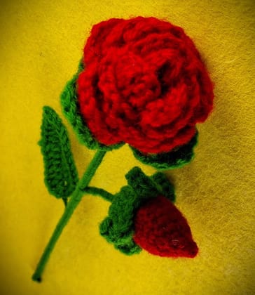 Handmade Crocheted Red Rose with Bud Accent