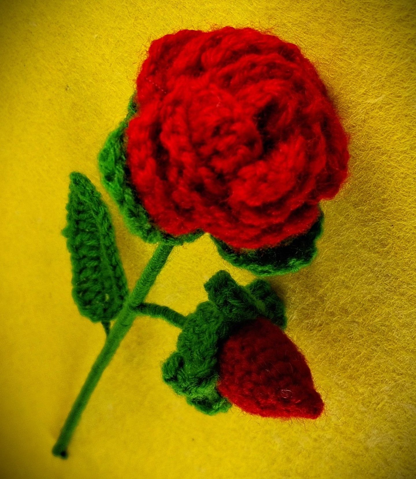 Handmade Crocheted Red Rose with Bud Accent