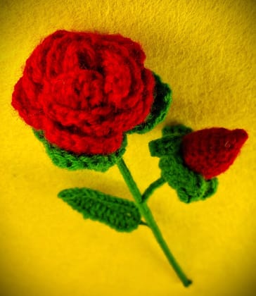 Handmade Crocheted Red Rose with Bud Accent