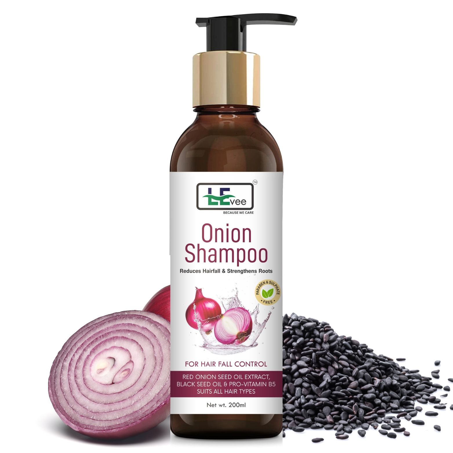 LEvee Red Onion Shampoo for Hair Growth & Hair Fall Control | With Black Seed Oil & Pro Vitamin B5 | Nourishing Scalp Cleanser for Men & Women | Sulphate & Paraben Free | All Hair Types - 200ml