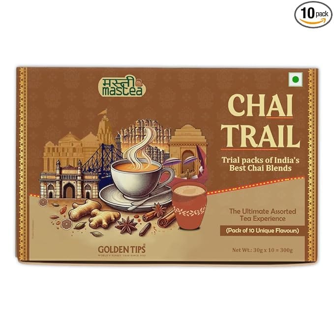 Golden Tips Chai Trail Pack of India’s Best Chai Blends (30g x 10), Premium Assorted Masala Tea Sampler, 10 Unique Regional Flavors, Festival Gift Pack