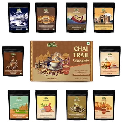 Golden Tips Chai Trail Pack of India’s Best Chai Blends (30g x 10), Premium Assorted Masala Tea Sampler, 10 Unique Regional Flavors, Festival Gift Pack