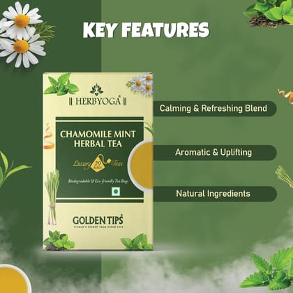 Golden Tips Chamomile Mint Herbal Tea, Blend of Green Tea, Chamomile, Peppermint, Spearmint, Orange Peel & Lemongrass, Refreshing & Calming Tea for Digestion & Relaxation
