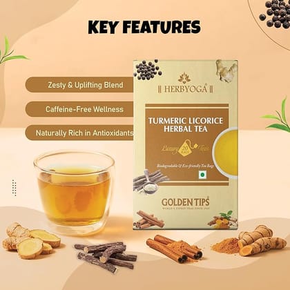Golden Tips Turmeric Mulethi Herbal Tea, Soothing Caffeine-Free Tea with Ginger, Cinnamon & Black Pepper Nourishing Blend for Immunity, Digestion & Relaxation
