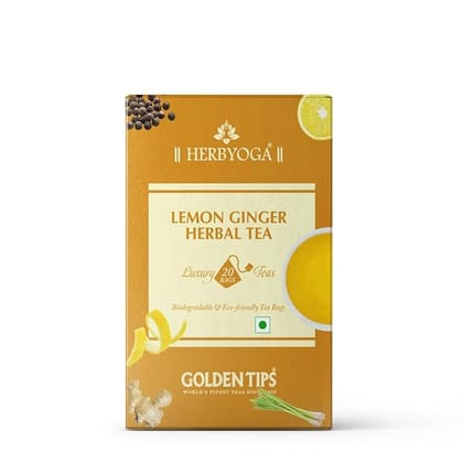 Golden Tips Lemon Ginger Herbal Tea, Herbal Blend with Lemongrass, Ginger, Lemon Peel & Black Pepper, Caffeine-Free Citrus-Spice Infusion for Energy, Digestion & Refreshment