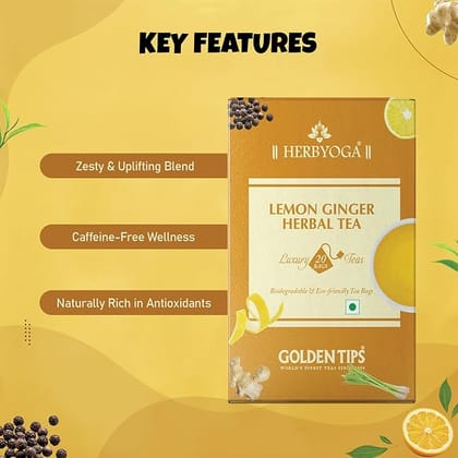 Golden Tips Lemon Ginger Herbal Tea, Herbal Blend with Lemongrass, Ginger, Lemon Peel & Black Pepper, Caffeine-Free Citrus-Spice Infusion for Energy, Digestion & Refreshment