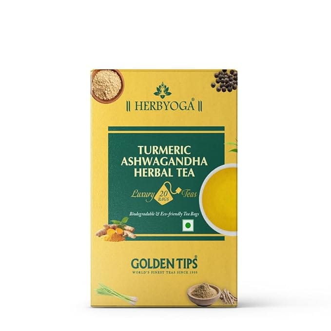 Golden Tips Turmeric Ashwagandha Herbal Tea, Natural Caffeine-Free Infusion with Lemongrass, Mulethi & Black Pepper, Ideal for Relaxation, Vitality & Immune Wellness