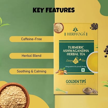 Golden Tips Turmeric Ashwagandha Herbal Tea, Natural Caffeine-Free Infusion with Lemongrass, Mulethi & Black Pepper, Ideal for Relaxation, Vitality & Immune Wellness