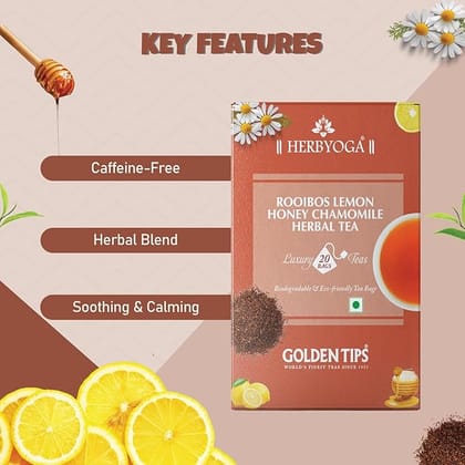 Golden Tips Rooibos Lemon Honey Chamomile Tea Caffeine-Free Herbal Blend with Chamomile, Rooibos, Natural Lemon & Honey Flavors, Smooth, Sweet, & Refreshing for Relaxation Anytime (40 Gram- 20 Cup)