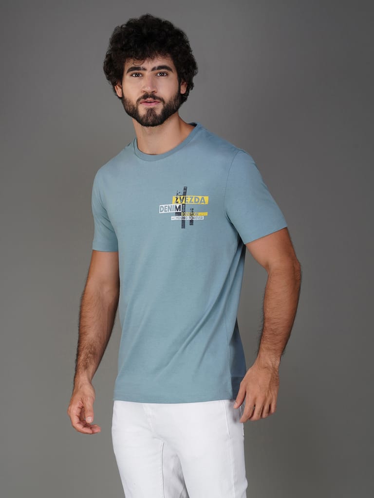 Men’s Branded Casual Wear Cotton Jersey Tee-Light Blue
