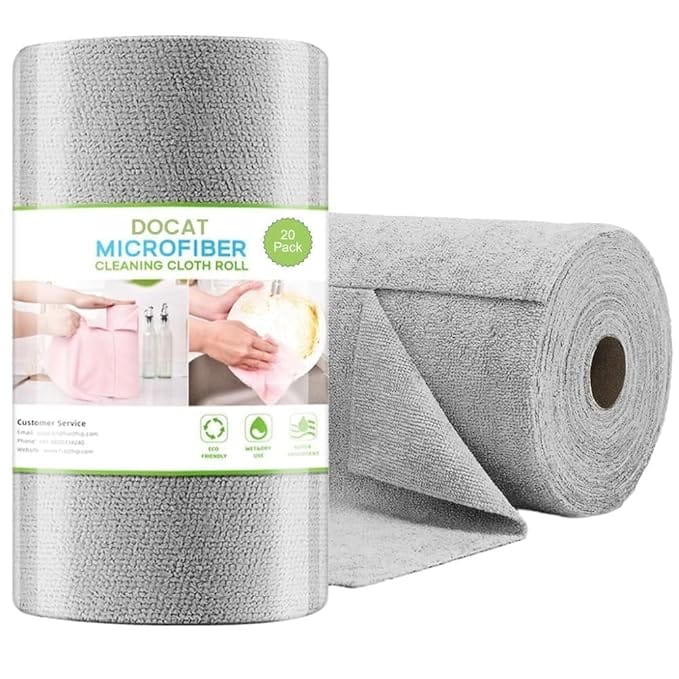 DOCAT Microfiber Cleaning Cloth Roll 25x25 cm, Reusable and Washable Tear-Away Kitchen Towel Roll (Grey, 20 Pack)