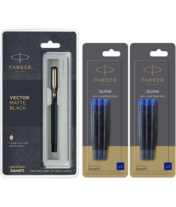 Parker Vector Matte Black GT Fountain Pen + Quink Ink Cartridge - Blue (Pack of 6)