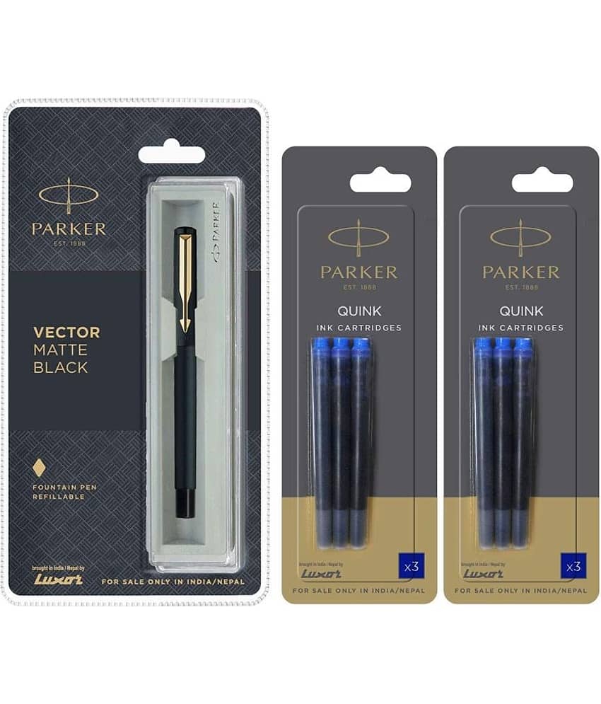 Parker Vector Matte Black GT Fountain Pen + Quink Ink Cartridge - Blue (Pack of 6)