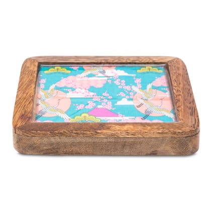 Wooden Square Coasters with Blue Bird Design Set of 2