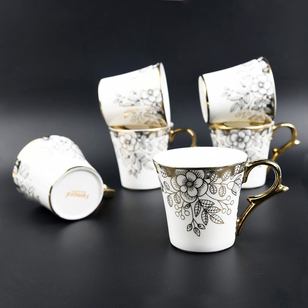 Femora Gold Floral Buds Leaves Tea Mugs, Ceramic Tea Cups, Coffee Mugs (160 ml) - 6 Pcs Set
