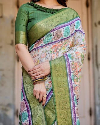 Ivory and Green Tussar Silk Saree with Elephant Motifs and Intricate Zari Border-Regular