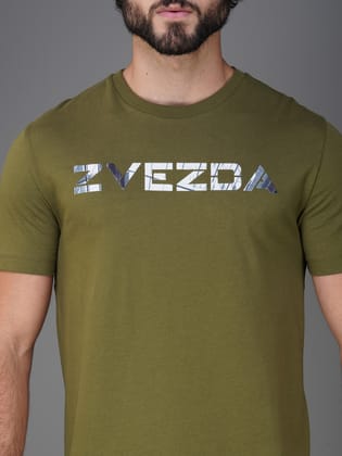 Men’s Pure Cotton Round Neck Branded T-Shirt-Olive