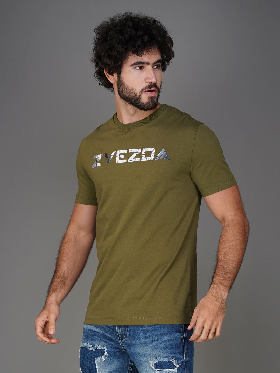 Men’s Pure Cotton Round Neck Branded T-Shirt-Olive