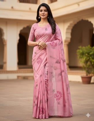 Elegant Pink Cotton Blend Saree with Floral Print