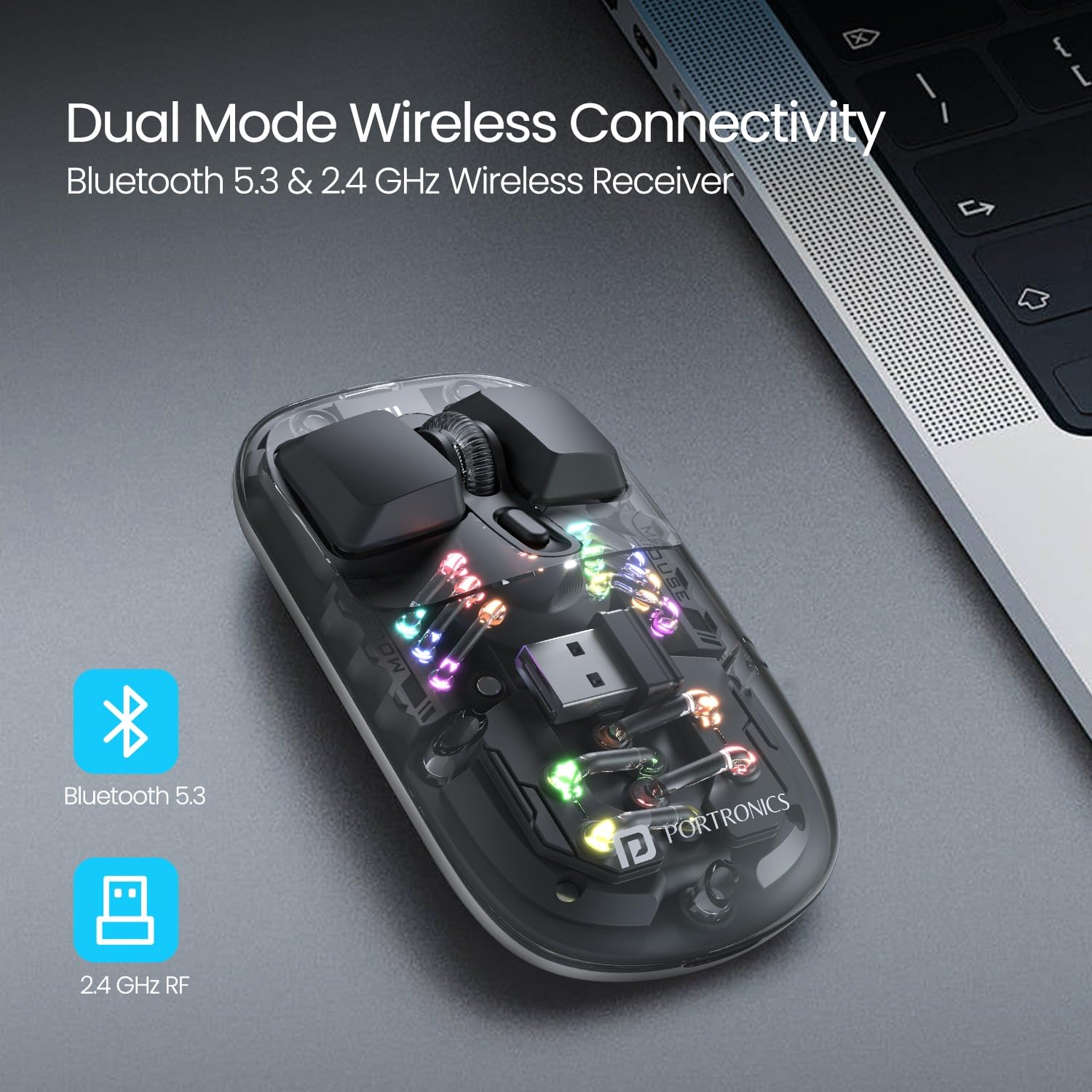 Portronics Toad 5 Transparent Bluetooth Mouse with 2.4 GHz & BT 5.3 Dual Wireless, Rechargeable, RGB Lights, Connect 3 Devices, Sleek Design for Laptop, Smartphone, Tablet (Black)&nbsp;