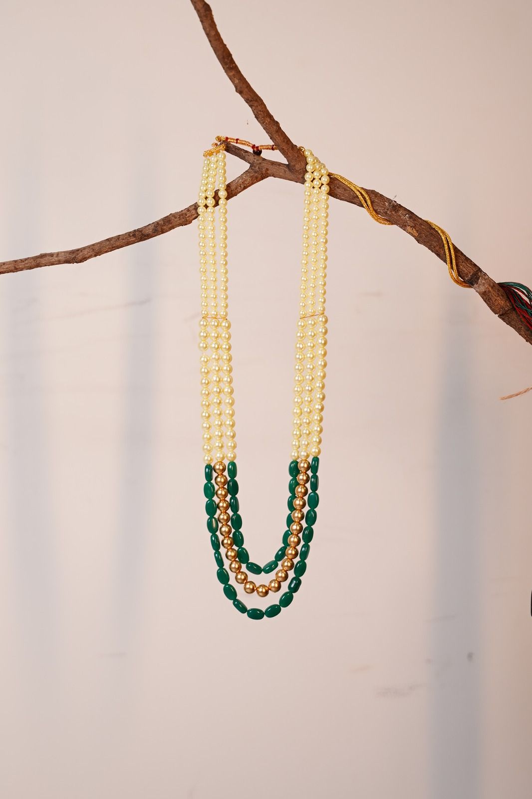 Handwork Oomph Green Pearls & Kundan Ethnic Mala Long Necklace Set