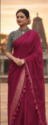 Hot Pink / Maroon Khadi Cotton Saree with Printed Blouse Piece & Tassels