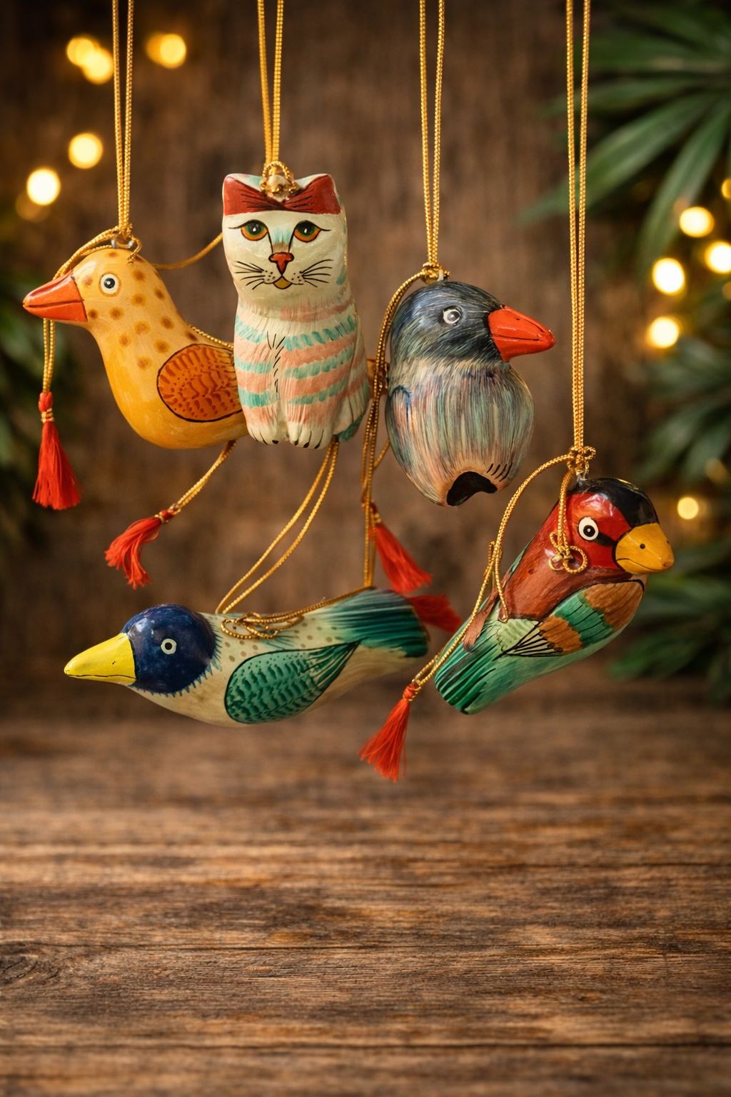 Handcrafted Hand-Painted Elephant Ornaments on Wooden Backdrop – Festive Home Décor & Gift Accents