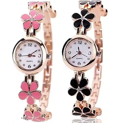 Unique Designer Flower Copper Chain Analogue Copper Dial Girls and Women's Bracelet Watch PACK OF 2