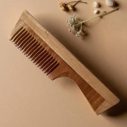 Kacchi Neem Wooden Hair Comb with Handle for Men and Women, Wide Tooth, Natural Kacchi Neem Wood