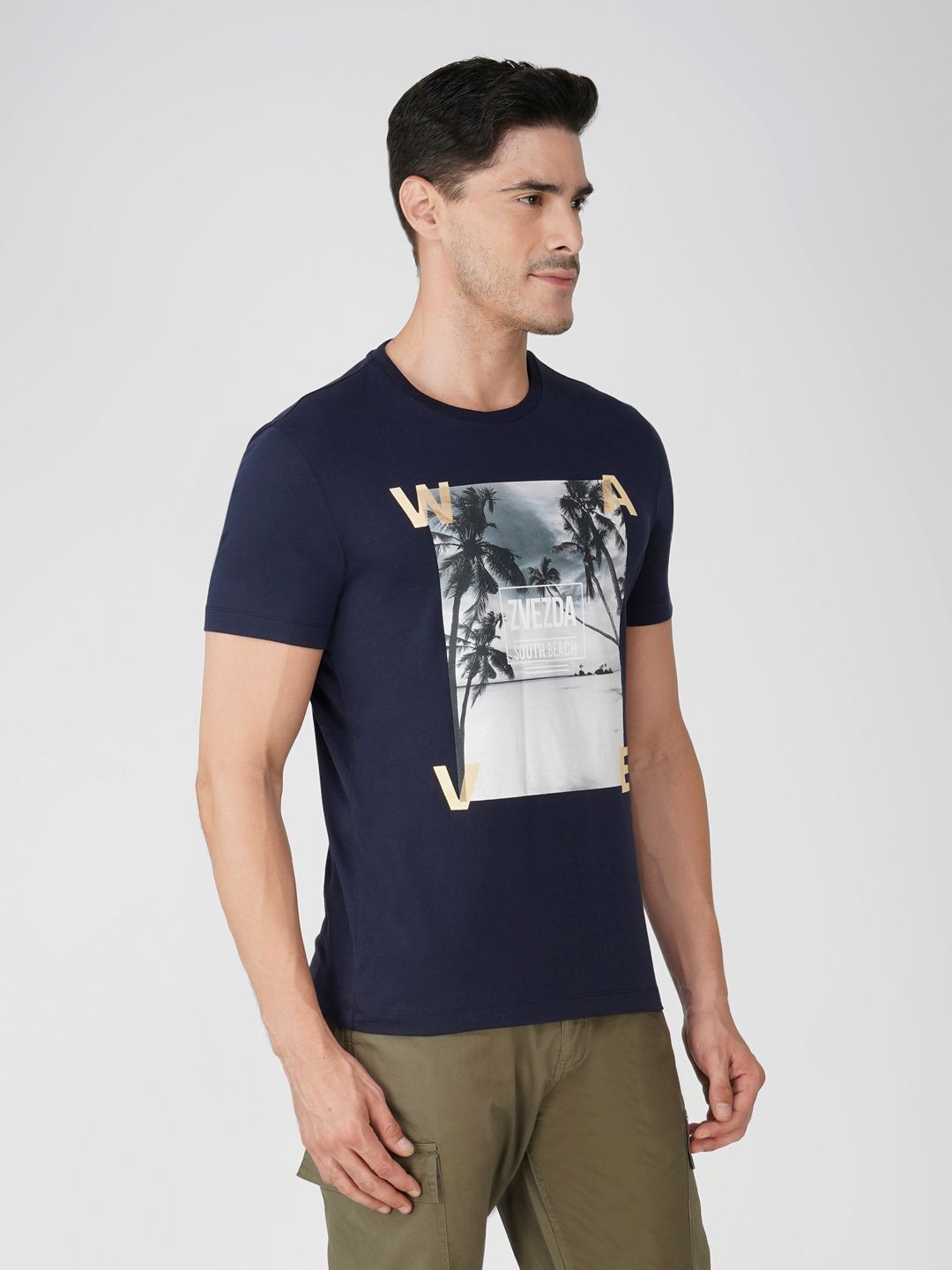 Men’s Graphic Print Cotton Tee Euro Fit-Navy
