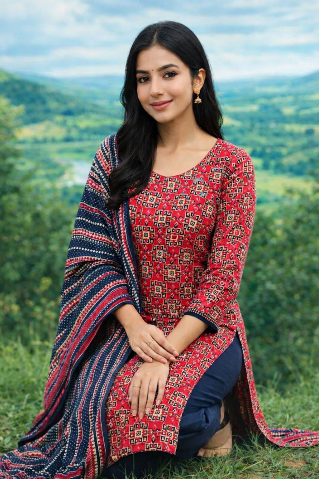 Maroon & Blue Ajrakh Print Cotton Suit Set Traditional Geometric Cotton Unstitched Dress Material Odisha Handloom Sambalpuri Ikat Cotton Suit Fabric Ethnic Red & Indigo Printed Salwar Kameez Material