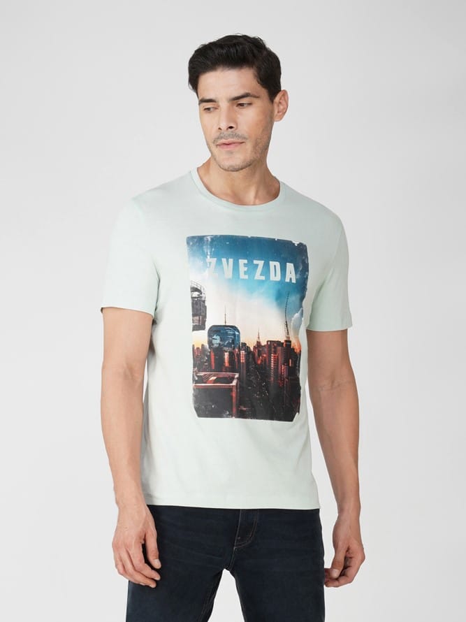 Men’s Graphic Print Round Neck Cotton Tee-Blue