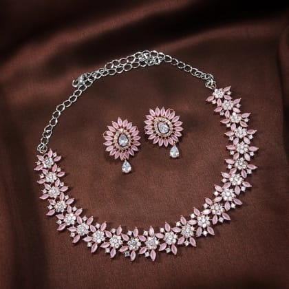 Rose Gold-Plated Pink Stone & Cubic Zirconia Floral Necklace with Matching Earrings Rose Gold-Plated Pink Stone & Cubic Zirconia Floral Necklace with Matching Earrings