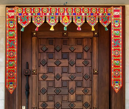 Traditional Red Decorative Toran with Shubh Labh and Auspicious Motifs