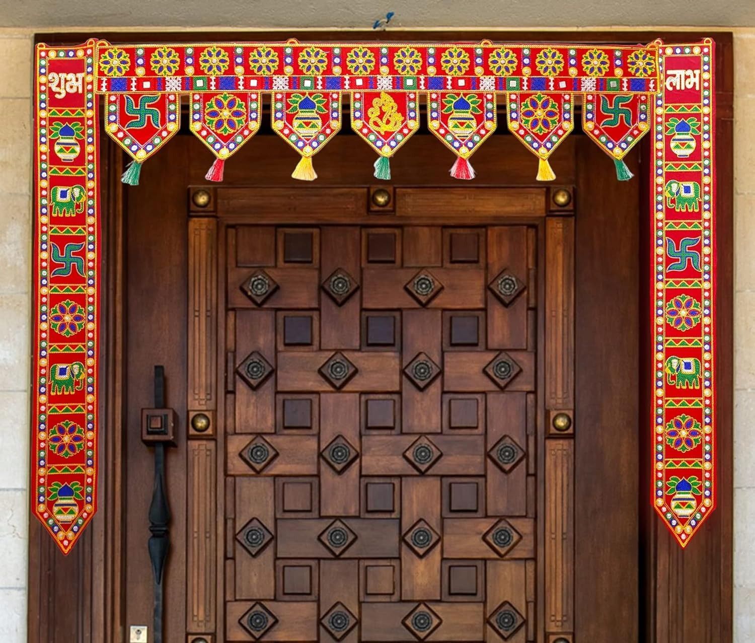 Traditional Red Decorative Toran with Shubh Labh and Auspicious Motifs