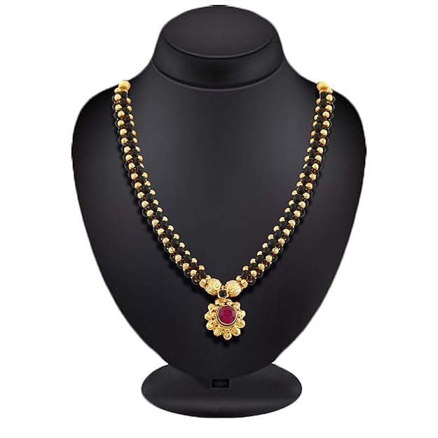Elegant Gold Plated Ruby Floral Mangalsutra with Black Beads