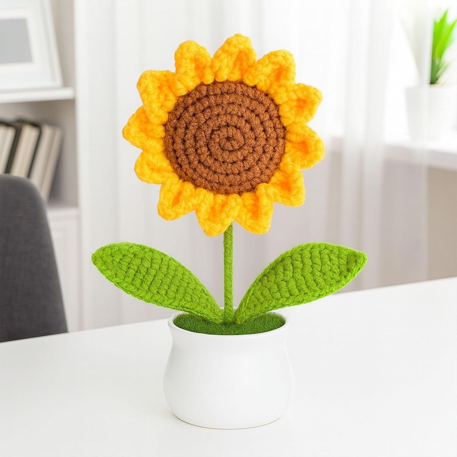 Handmade Crocheted Sunflower in White Pot - Everlasting Floral Decor