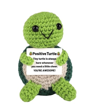 Positive Turtle Crochet Plushie with Uplifting Message - Handcrafted Mini Amigurumi Toy