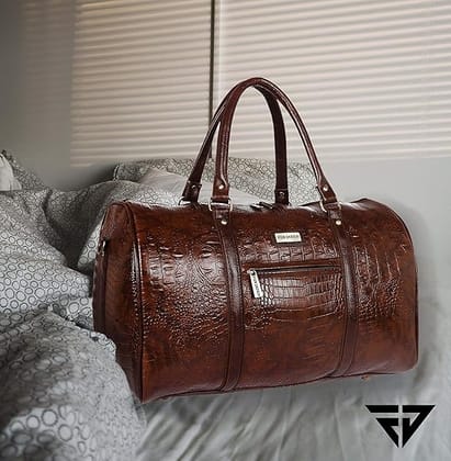Fur Jaden Brown Textured Leatherette Stylish & Spacious Weekender Duffle Bag for Travel for Men and Women