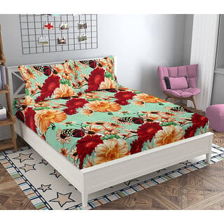 Black Bee Blue Pink Green Floral Print 3D Double Bedsheet With 2 Pillow Covers (208 X 213 Cm)(Bs20-01)