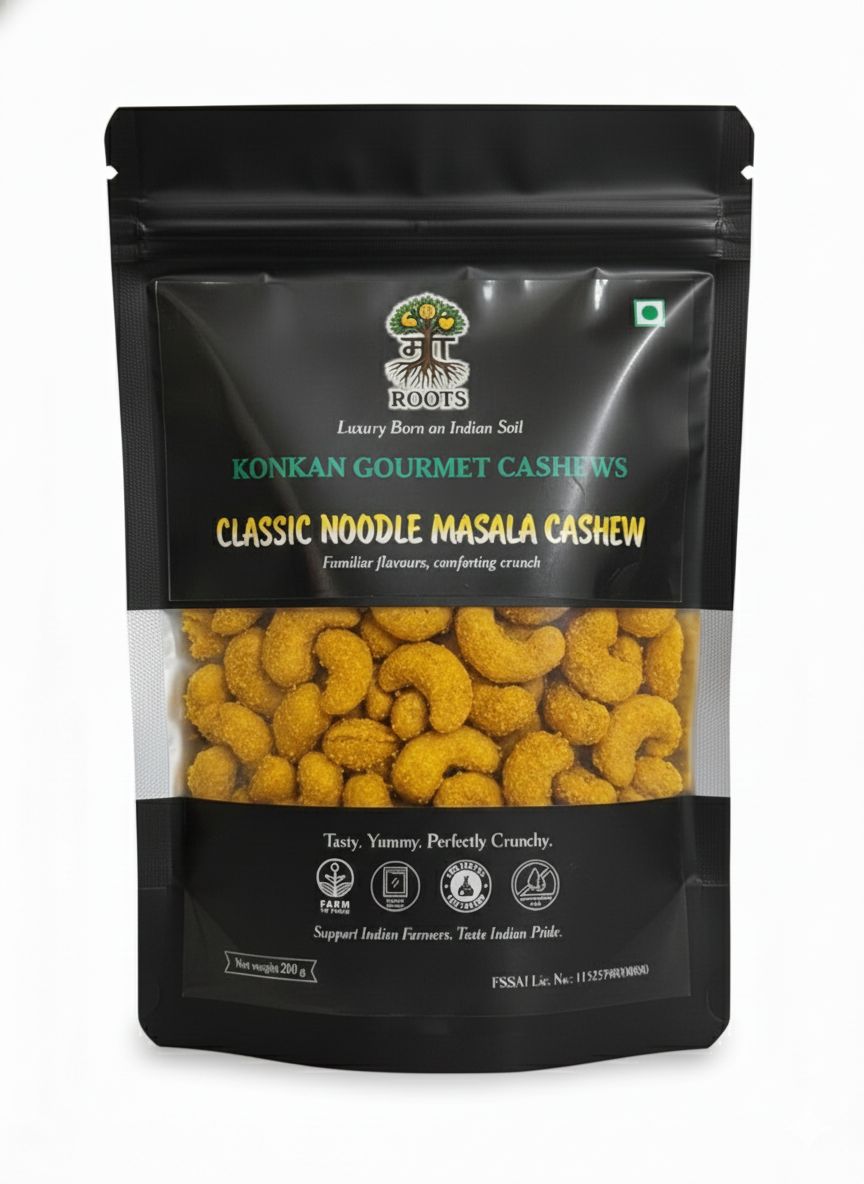 Maa Roots Classic Noodle Masala Cashew Nuts 200g | Noodle Masala Style Flavoured Kaju | Konkan Cashews | Spicy, Savoury Crunchy Snack