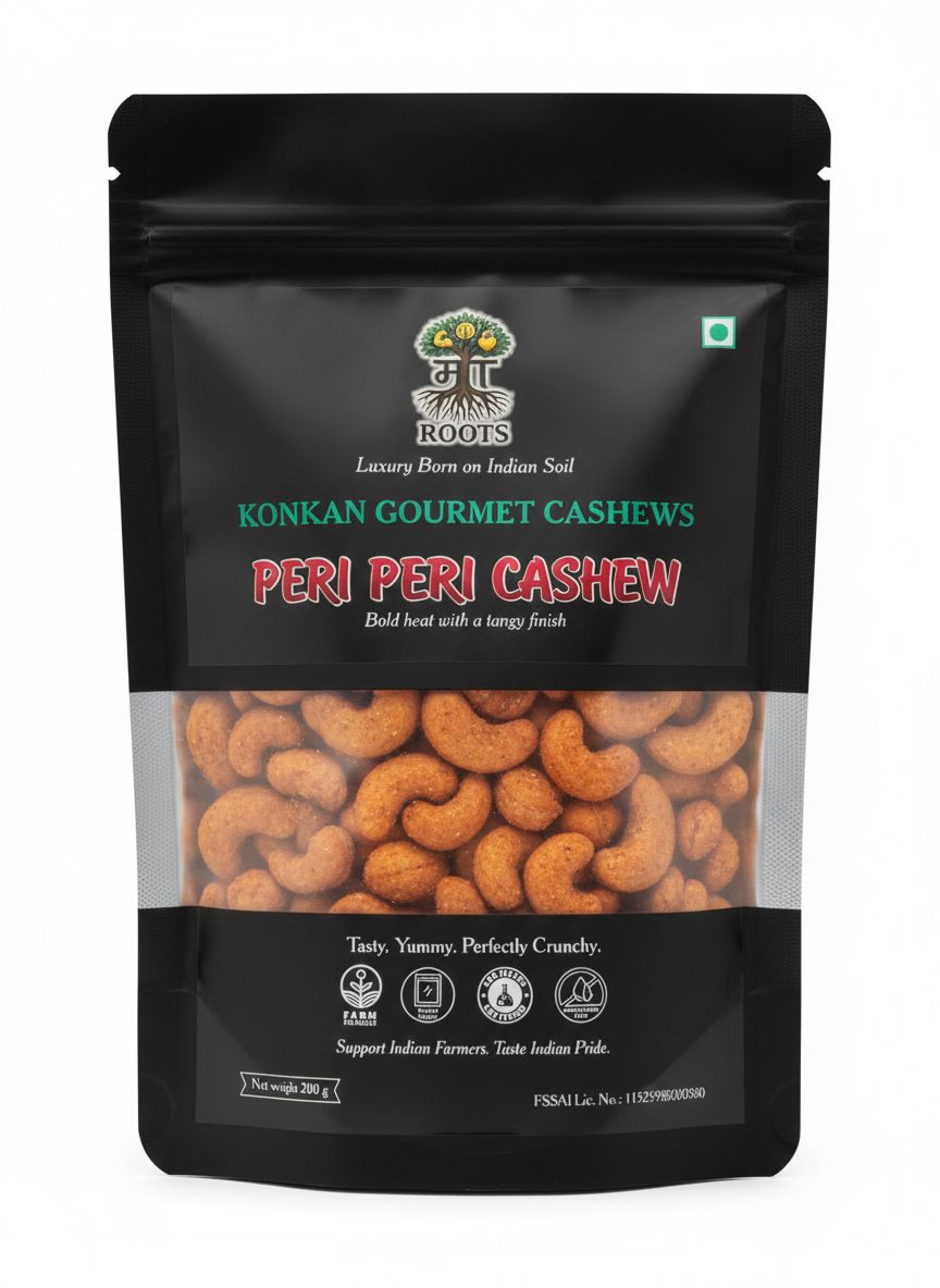 Maa Roots Peri Peri Cashews 200g | Peri Peri Style Flavoured Konkan Cashews | Premium Whole Kaju | Bold, Tangy & Spicy Gourmet Snack