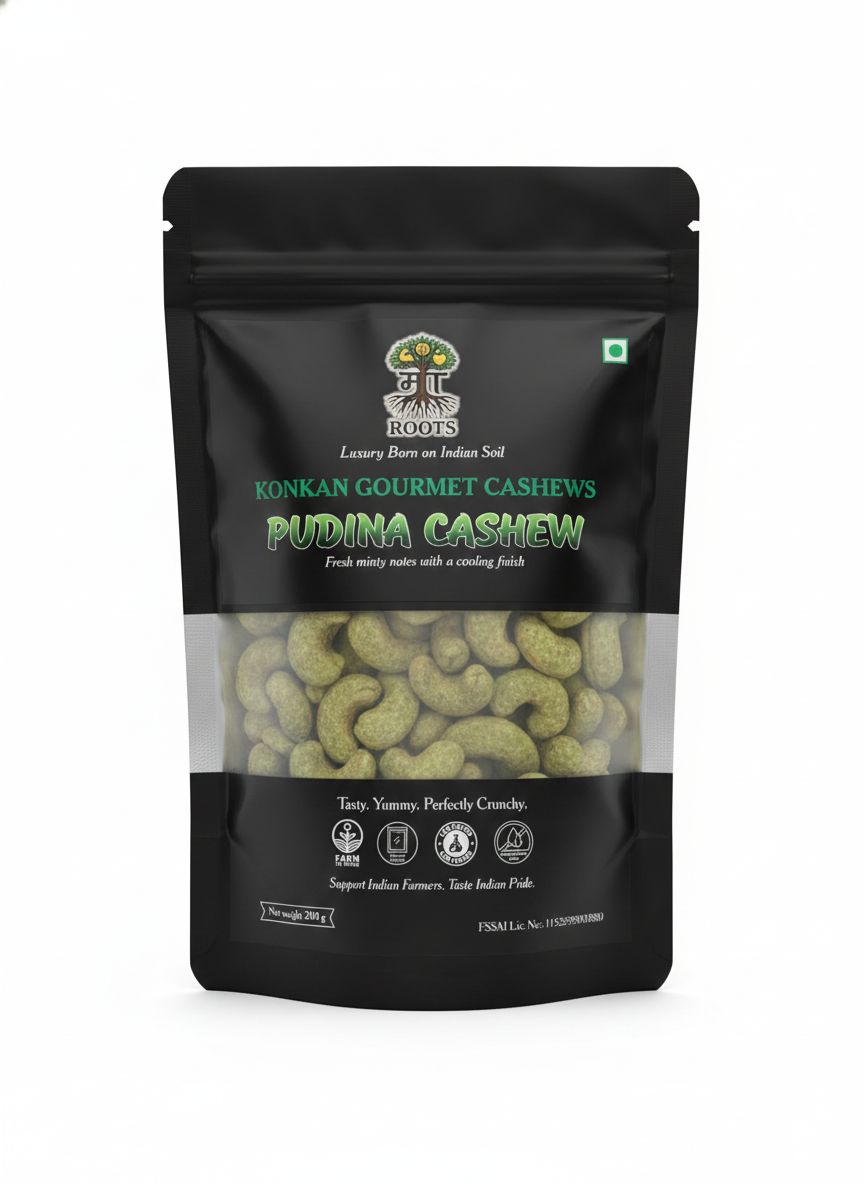 Maa Roots Pudina Cashews 200g | Mint Flavoured Konkan Cashews | Premium Whole Kaju | Refreshing & Savoury Gourmet Snack