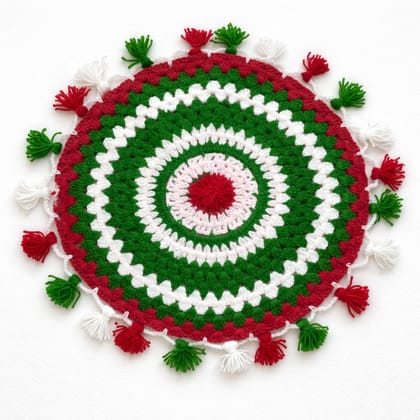 Handmade Red Green White Crocheted Decorative Mat with Tassels