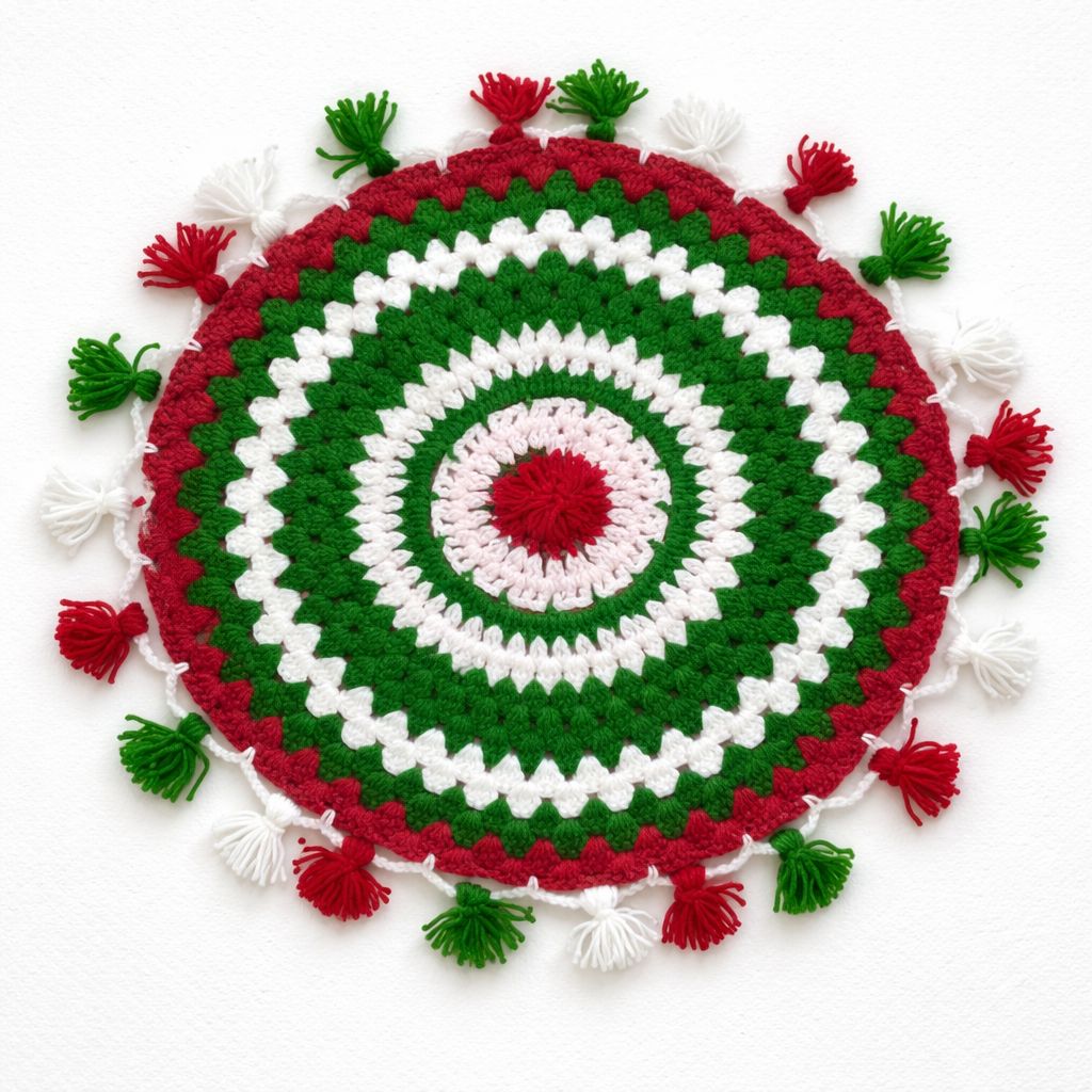 Handmade Red Green White Crocheted Decorative Mat with Tassels